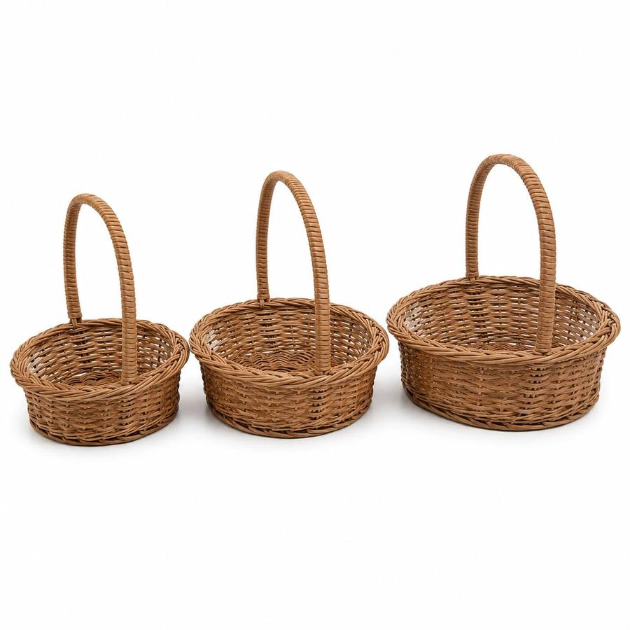 Handmade Wicker Round Basket with Handle (3 Piece) | Multipurpose Woven Storage Basket for Fruit, Gift Hamper, Temple